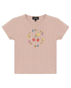 Space Grey Cherry And Flower Pointelle Ribbed 3/4 Sleeve T Shirt - Pink