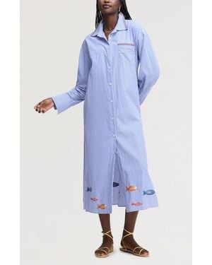 Sam Edelman Embroidered Sequin Oversize Cotton Shirtdress - Blue