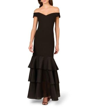 Aidan Mattox by Adrianna Papell Off The Shoulder Mixed Media Tiered Mermaid Gown - Black