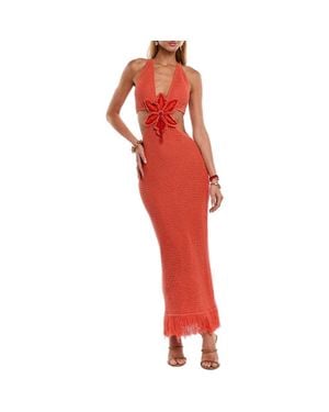 CAPITTANA Starla Halter Open Back Fringe Hem Cotton Blend Cover-Up Dress - Red