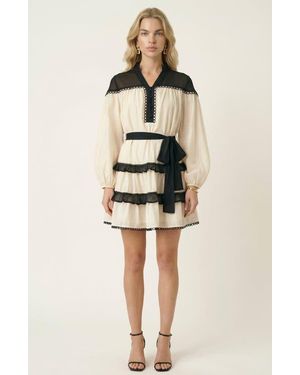 Modenaire Contrast Trim Mini Dress With Waist Tie And Tiered Skirt - White