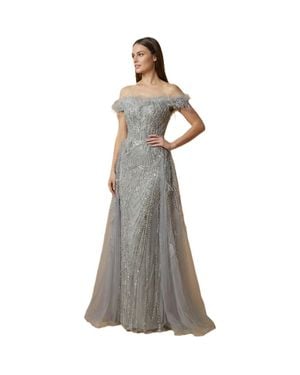 LARA New York Off Shoulder Gown With Feathers - Gray
