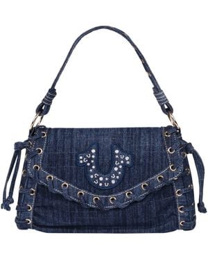 TRUE RELIGION Studded Horseshoe Eyelet Denim Flap Bag - Blue
