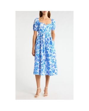 Sugarlips Carli Floral Alessi Puff Sleeve Cotton Midi Dress - Blue