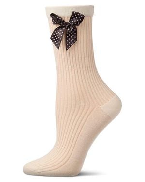 Memoi Polka Dot Bow Rib Cotton Blend Crew Socks - Natural