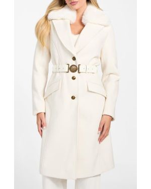 Guess New Patrice Belted Coat With Removable Faux Fur Collar - White