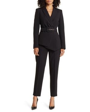 Tahari Peak Lapel Belted Blazer & Pants Set - Black