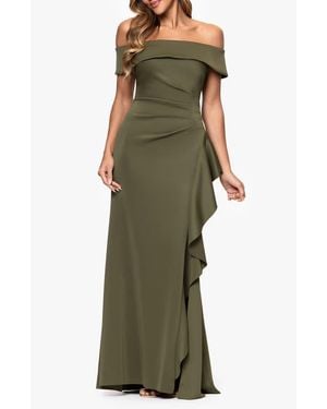 Xscape Evenings Ruffle Off The Shoulder Scuba Knit Gown - Green