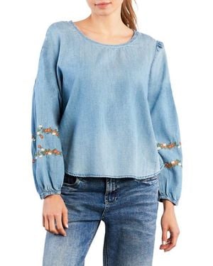 Billy T Floral Embroidery Cotton Blend Poet Top - Blue