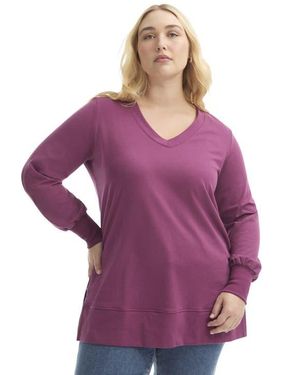 June + Vie V Neck French Terry Sweatshirt - Purple