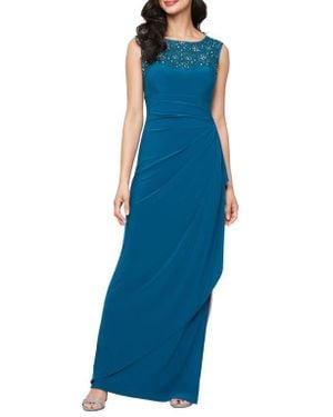Alex Evenings Embellished Side Ruched Jersey Gown - Blue
