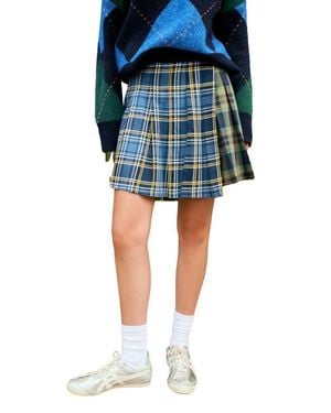 Next Mixed Plaid Pleated Cotton Faux Wrap Miniskirt - Blue