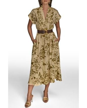 Donna Karan Floral Short Sleeve Belted A-Line Midi Dress - Multicolor