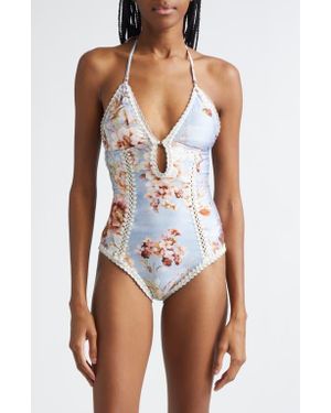 Zimmermann Awaken Crochet Trim Keyhole One-Piece Swimsuit - White