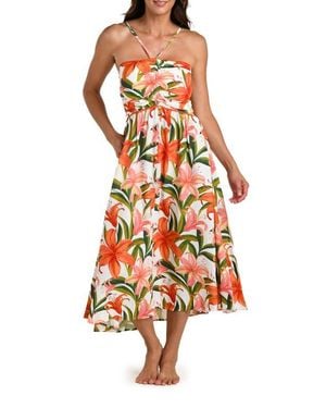 La Blanca Jungle Blossoms Lace Trim Midi Dress - Orange