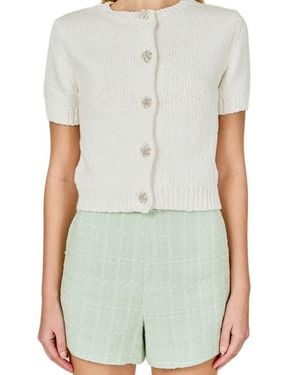 Endless Rose Scalloped Embellished Button Short Sleeve Cardigan - White