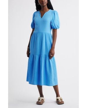Caslon Puff Sleeve Tiered Cotton Gauze Midi Dress - Blue
