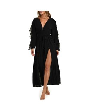 L'Agence Sara Ruffle Long Sleeve Chiffon Cover-Up Maxi Dress - Black