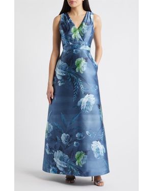 Kay Unger Rosalind Floral Evening Gown - Blue
