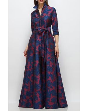 After Six Floral Jacquard Shirtdress Gown - Blue