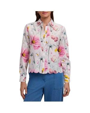 Foxcroft Scarlett Floral Scallop Hem Cotton Button-Up Shirt - Red