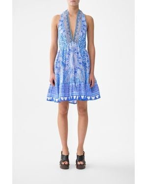 CAMILLA Ruffle Hem Halter Short Dress - Blue