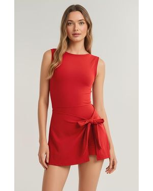 Modenaire Sleeveless Side Tie Skirt Overlay Crew Neck Active Romper - Red