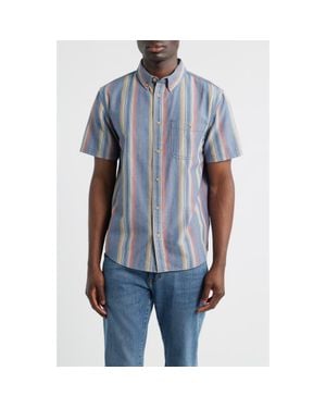 Pendleton Bayside Stripe Short Sleeve Cotton Button-Down Shirt - Blue