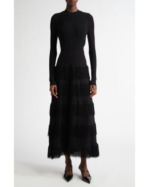 Lela Rose Piper Fringe Trim Long Sleeve Sweater Dress - Black