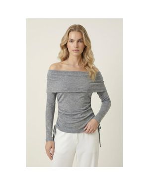 Modenaire Off Shoulder Side Ruched Long Sleeve Top - Gray