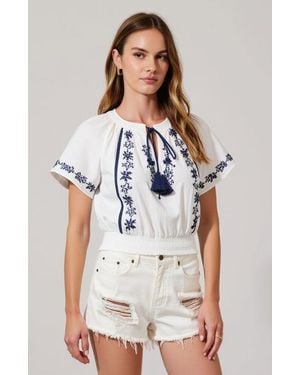 Modenaire Short-Sleeve Embroidered Peasant Blouse - White