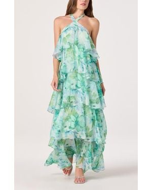 Astr Daiga Print Chiffon Halter Maxi Dress - Green