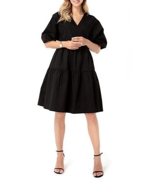 Accouchée Waterfall Tie Waist A-Line Maternity/Nursing Wrap Dress - Black