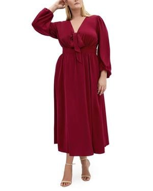 City Chic Ivanna Tie Neck Long Sleeve Maxi Dress - Red
