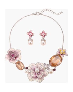 Modenaire Floral Pearl Statement Necklace And Earrings Set - Pink