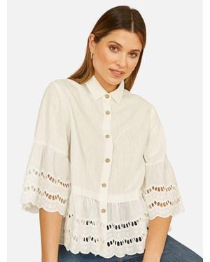 Yumi' 34 Sleeve Relaxed Scallop Trim Shirt - White