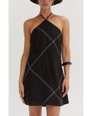 Crescent Contrast Stitch Halter Linen Mini Dress - Black