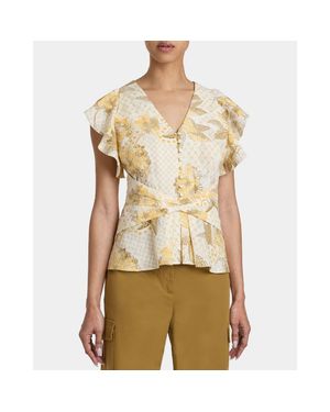 Santorelli Ella Flutter Sleeve Buttoned Blouse With Waist Panel - Natural