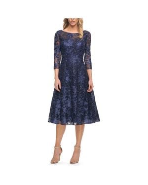 La Femme Beautiful Lace Tea Length Gown With Three-Quarter Sleeves - Blue