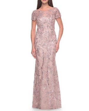 La Femme Stunning Beaded Lace Evening Gown With Short Sleeves - Pink