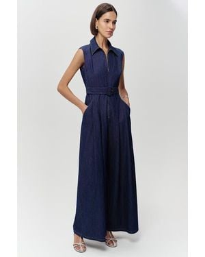 Exquise Keith Sleeveless Front Zipper Belted Denim Jumpsuit - Blue