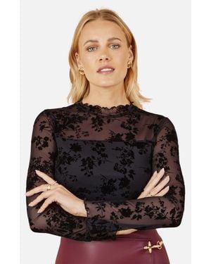 Yumi' Flocked Floral Stretch Mesh Top - Black