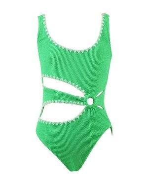 NESSI BYRD Textured Cutout Embroidery Edging With Ring-Detail One-Piece Swimsuit - Green