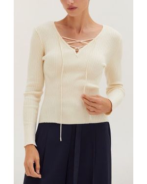 Crescent Lace Up Ribbed Knit Top - White