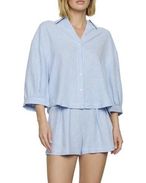 Eberjey Relaxed Linen Blend Button-Up Sleep Shirt - Blue