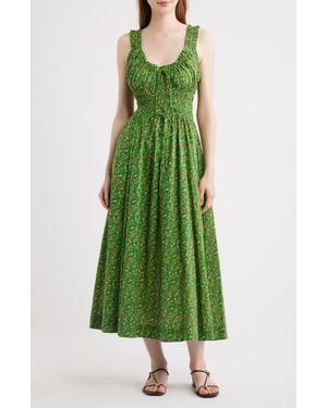 Doen Emmaretta Floral Pleated Cotton Voile Maxi Dress - Green