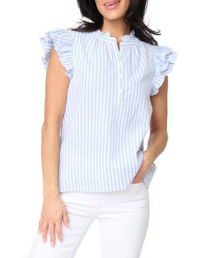 Gibsonlook Stripe Flutter Sleeve Seersucker Top - Blue
