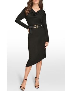 Donna Karan Long Sleeve Cowl Neck Sheath Dress - Black