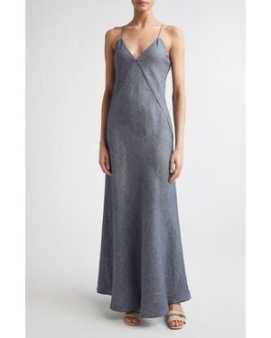 Eleventy Bias Cut Linen Blend Chambray Dress - Blue