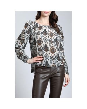 Apny Printed Smocked Cuff Top - Gray